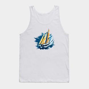 Racing sailing boat sailing on the sea, with blue and yellow ochre tones Tank Top